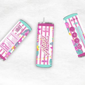 May include: A pink and white striped tumbler with the text "Alani" and "Cotton Candy Energy". The tumbler has a teal lid and base, with tropical floral and string light accents. The nutrition facts are visible on the side.