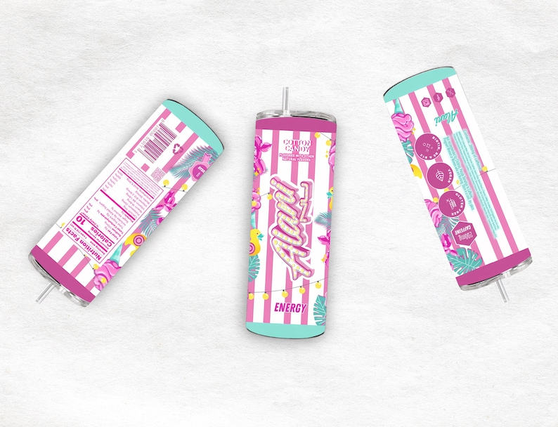 May include: A pink and white striped tumbler with the text "Alani" and "Cotton Candy Energy". The tumbler has a teal lid and base, with tropical floral and string light accents. The nutrition facts are visible on the side.