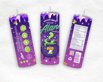 May include: A purple and black tumbler with a straw, featuring the text "Witch's Brew" and "Alani". The design includes a cauldron with green bubbling liquid, a spiderweb, and nutrition facts. The tumbler has a Halloween theme.