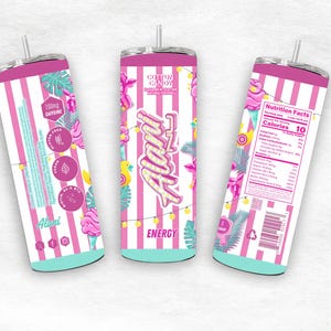 May include: A set of three insulated tumblers with a pink and white striped design. Each tumbler features the text "Alani Energy" and "Cotton Candy". One tumbler displays nutrition facts, another lists ingredients, and the third shows 200mg of caffeine.