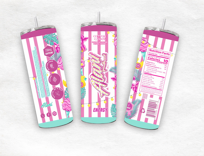 May include: A set of three insulated tumblers with a pink and white striped design. Each tumbler features the text "Alani Energy" and "Cotton Candy". One tumbler displays nutrition facts, another lists ingredients, and the third shows 200mg of caffeine.