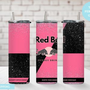 20oz Skinny Tumbler - Pink Energy Drink Inspired Cup -Custom Red Bull Style Drinkware