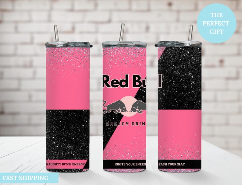 20oz Skinny Tumbler - Pink Energy Drink Inspired Cup -Custom Red Bull Style Drinkware