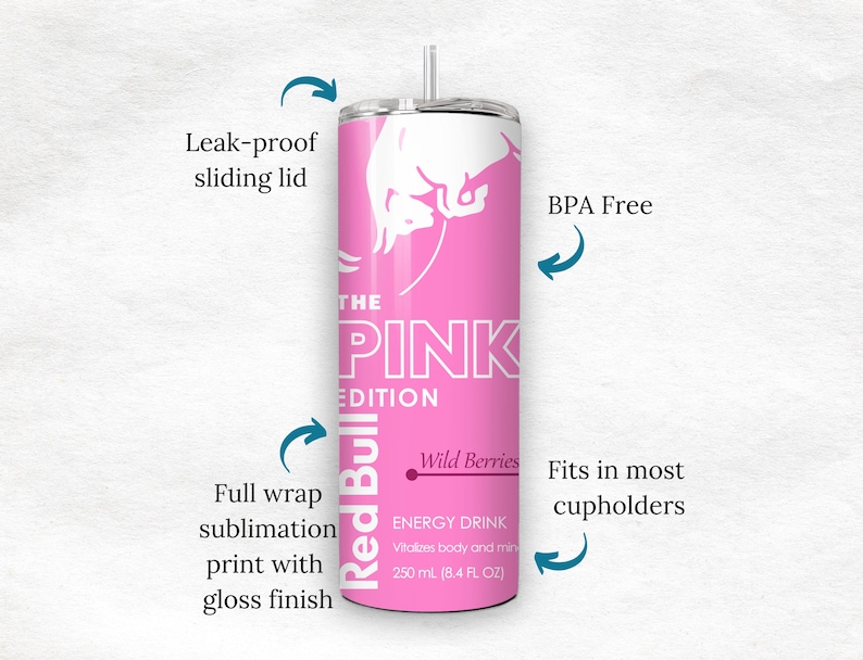 May include: Pink Red Bull tumbler with a white logo and the text "THE PINK EDITION". Features include a leak-proof sliding lid, full wrap sublimation print, and BPA-free construction. Holds 8.4 fl oz and fits in most cupholders.