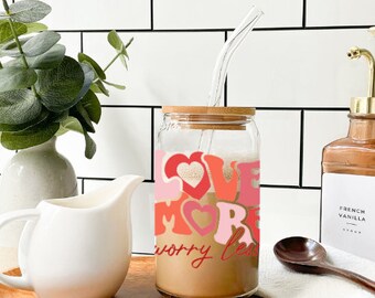 Love More Worry Less Beer Can Glass, Iced Coffee Glass, Valentines Glass, Gift For Her, Groovy Glass Cup, Coffee Lovers.