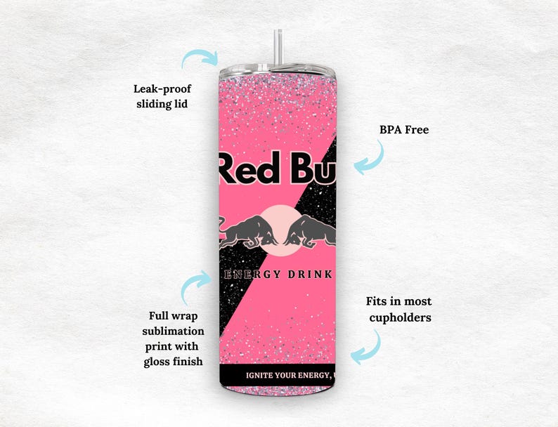 May include: A pink and black insulated tumbler with the Red Bull logo and text. The tumbler has a leak-proof sliding lid and is BPA-free. It features a full wrap sublimation print with a gloss finish and fits in most cup holders.