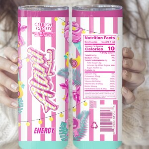 May include: A pink and white striped tumbler with the words "Cotton Candy" and "Energy" printed on it. The tumbler has a teal base and is decorated with illustrations of cotton candy, palm leaves, and string lights.