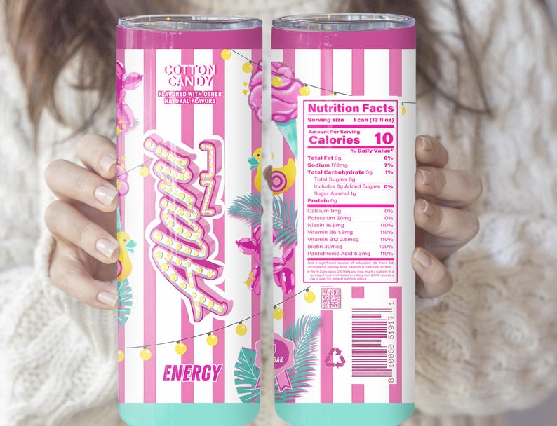 May include: A pink and white striped tumbler with the words "Cotton Candy" and "Energy" printed on it. The tumbler has a teal base and is decorated with illustrations of cotton candy, palm leaves, and string lights.