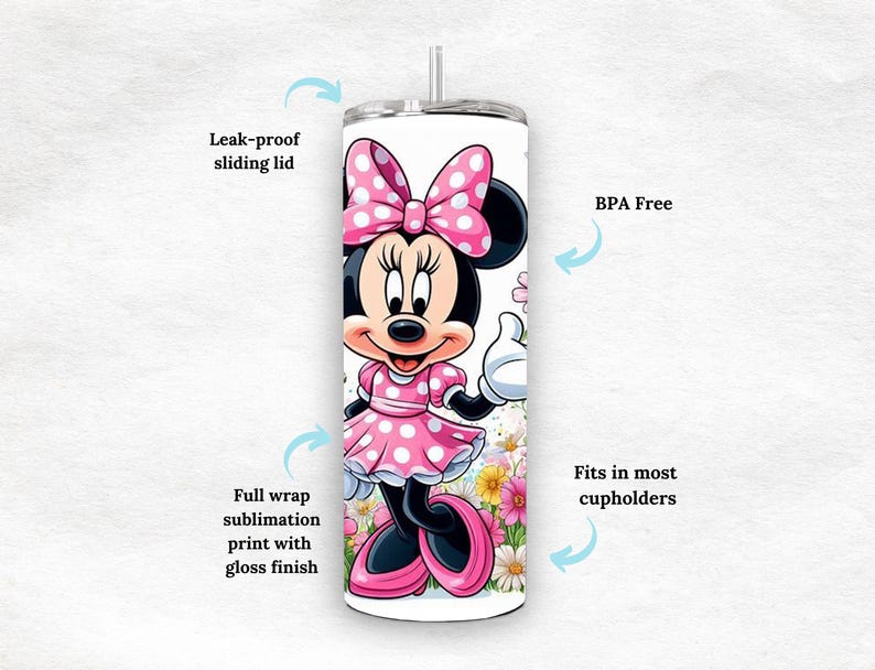 Puede incluir: Un vaso de acero inoxidable blanco con una impresi&oacute;n de sublimaci&oacute;n de envoltura completa de un personaje de dibujos animados con un vestido rosa de lunares y un lazo. El vaso tiene una tapa deslizante a prueba de fugas y cabe en la mayor&iacute;a de los portavasos. Libre de BPA.