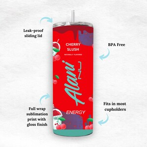 May include: A red tumbler with a cherry slush design. The tumbler features the text "CHERRY SLUSH" and "Alani Energy". It has a leak-proof sliding lid and is BPA-free. The full wrap sublimation print has a gloss finish and fits in most cup holders.