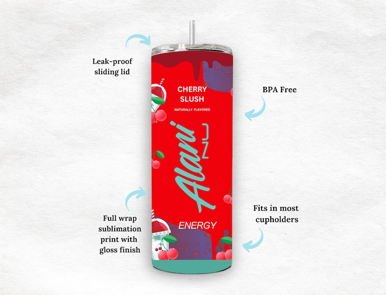 May include: A red tumbler with a cherry slush design. The tumbler features the text "CHERRY SLUSH" and "Alani Energy". It has a leak-proof sliding lid and is BPA-free. The full wrap sublimation print has a gloss finish and fits in most cup holders.