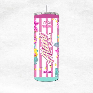 May include: A stainless steel tumbler with a pink and white striped design. The tumbler features the word "Aura" in a pink, retro font, along with the words "Cotton Candy" and "Energy". The design includes floral and tropical elements.