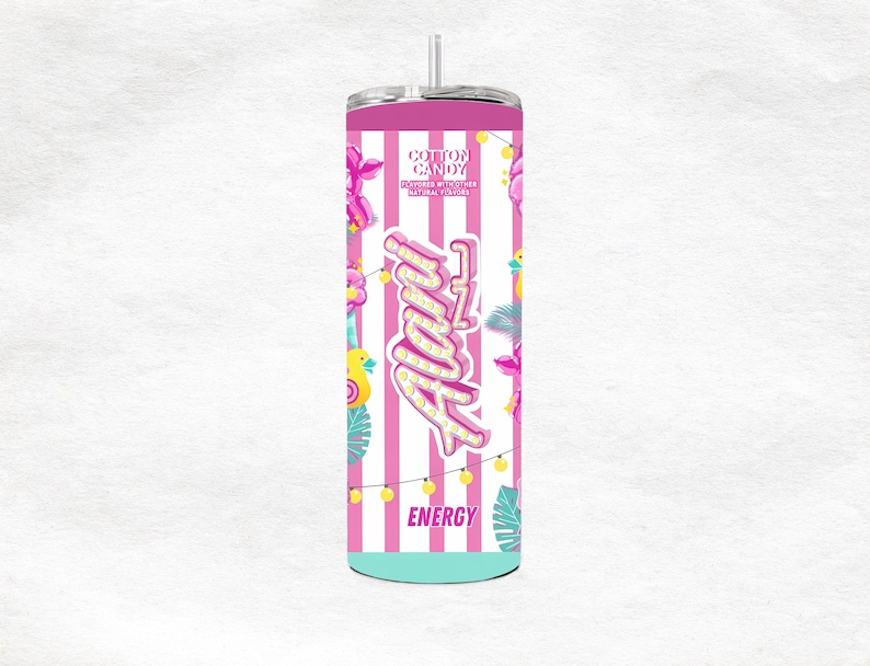 May include: A stainless steel tumbler with a pink and white striped design. The tumbler features the word "Aura" in a pink, retro font, along with the words "Cotton Candy" and "Energy". The design includes floral and tropical elements.