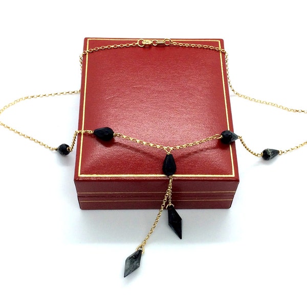Antique 1920's Art Deco 9ct Gold Black Plastic Briolette Pendant Lavalier Necklace