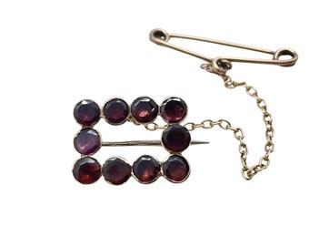 Antique Georgian 9ct Rose Gold Flat-Cut Garnet Safety Chain Pin Brooch