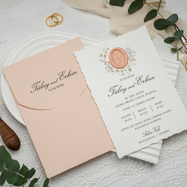 Pink Floral Crest Wax Seal Wedding Invitation Stationary Bundle Suite Save The Date Cards, Deckled Edge Unique Desgin Quince Invitations