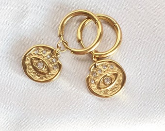 Envious Evil eyes, Evil eye coin hoops, 14k gold, gold evil eye, charm earrings, charm hoops,gold earrings, coin earrings