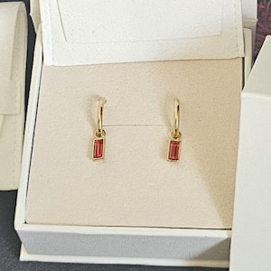 Baguette Earrings: 14k Gold Huggies, Ruby rose
