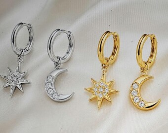 Moon and Star Hoop Earrings, Gold and Silver