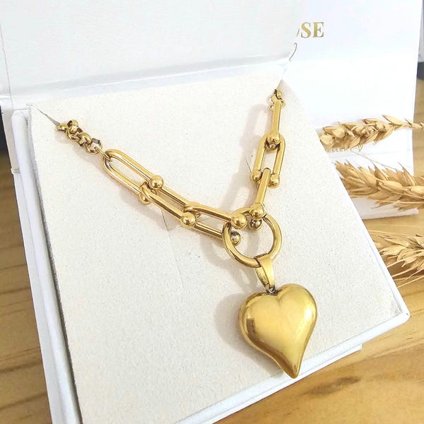 Collar de corazón de oro de 18 quilates, cadena gruesa, regalo para ella