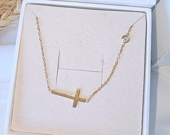 Sideways Cross Necklace: 18K Gold Plated Religious Jewelry, cross