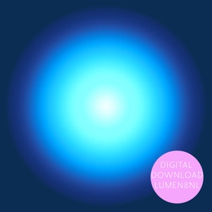Puede incluir: Un fondo degradado azul brillante con un círculo blanco en el centro. El círculo tiene un brillo blanco a su alrededor. El fondo se desvanece a un azul oscuro en los bordes. Un círculo rosa con texto blanco que dice "DIGITAL DOWNLOAD LUMEN8NL" está en la esquina inferior derecha.