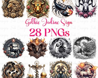 Zodiac PNG Bundle: Gothic Horoscope Astrology Clipart (Digital Download)
