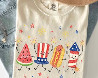 Patriotic Doodle PNG, Cute Fourth of July Sublimation Design, Watermelon Hotdog Firework PNG, Retro Americana Shirt Graphic, Funny Sumer PNG
