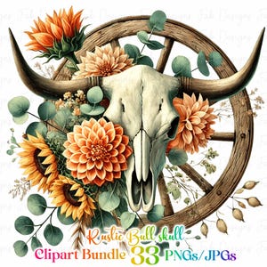 May include: A rustic bull skull with antlers, surrounded by sunflowers, dahlias, and eucalyptus leaves. The skull is set against a wooden wagon wheel.