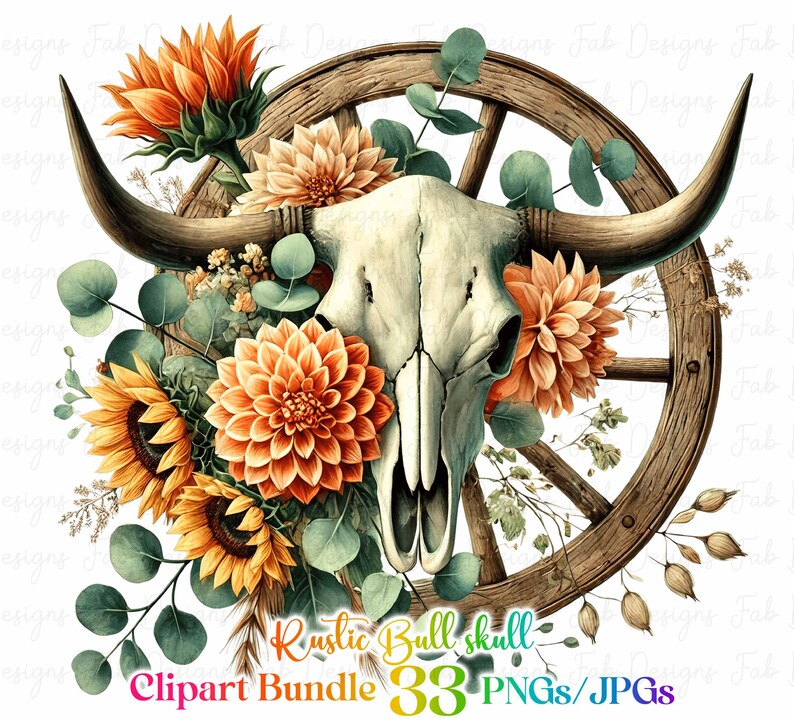 May include: A rustic bull skull with antlers, surrounded by sunflowers, dahlias, and eucalyptus leaves. The skull is set against a wooden wagon wheel.