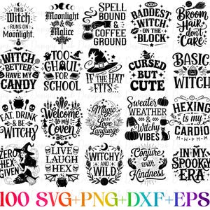 Op de afbeelding: Een set van 20 zwart-witte Halloween-thema SVG-snijbestanden. De ontwerpen bevatten verschillende griezelige en heksachtige spreuken, waaronder "This Witch Runs on Moonlight", "Too Ghoul for School", "If the Hat Fits", "Cursed But Cute", "Basic Witch", "Hexing is My Cardio", "Witchy and Wild" en "Conjure with Kindness".