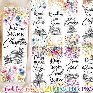 20 Book Reading Love Bookmark Bundle, Printable floral bookmark, Book Love Png, Inspirational Bookmark, Printable Reading Art, Book Bookmark