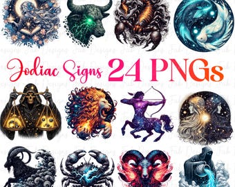 24 Zodiac png Bundle, Horoscope png, Astrology clipart, horoscope signs, Fantasy Clipart, Celestial clipart, zodiac sublimation, zodiac png