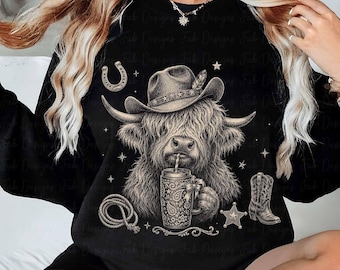 Highland Cow Coffee PNG, Western Cowgirl Png, Funny Trendy Shirt Design, Farm Animal With Leopard Coffee Cup, Country Coquette Girl Clipart