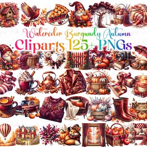 125+ Watercolor Burgundy Autumn Clipart Bundle - Cottagecore PNGs, Cute Fall Stickers & Scrapbooking Decorations, Rustic Fall Clip art png