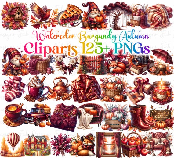 Watercolor Burgundy Autumn Clipart Bundle: Cottagecore Fall PNGs (Digital Download