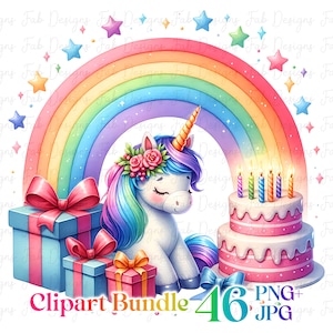 Paquete de 46 imágenes prediseñadas de unicornio de cumpleaños con acuarela, lindo unicornio bebé, imágenes prediseñadas de unicornio arcoíris, unicornio mágico, impresiones para guardería, imágenes PNG de diario basura