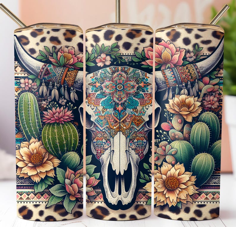 Boho Cow Skull Tumbler Wrap Bundle: Western Sublimation Design (digital ...