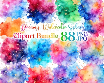 Puede incluir: Un paquete digital de clipart de 88 diseños de salpicaduras de acuarela en varios colores, incluyendo rosa, azul, verde y amarillo. Cada salpicadura presenta purpurina dorada y estrellas.