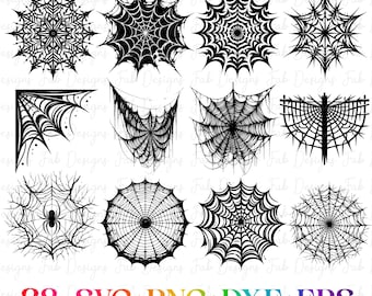 May include: A collection of black and white spider web designs in various shapes and styles. The image includes a variety of web patterns, including circular, corner, and abstract designs. The bottom of the image has the text "38 SVG+PNG+DXF+EPS".