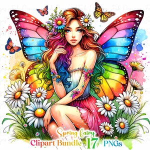 May include: A colorful illustration of a fairy with rainbow hair and butterfly wings sitting in a field of daisies. The fairy is wearing a pink dress and has a flower crown on her head. The image is a digital illustration and is perfect for use in crafts, scrapbooking, and other creative projects.