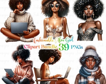 Lot de 39 cliparts fille noire à la mode, graphiques fille à la mode, clipart fille afro, clipart fille denim, clipart belle fille, fille noire