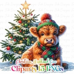 15 Christmas Highland Cow Clipart, Farm Clipart, Printable Watercolor clipart, High Quality PNG, Digital download, Paper craft junk journals