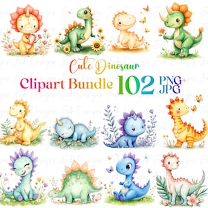 102 Cute baby dinosaur clipart PNG JPG bundle, cute animal bundle, Cute Animal Clipart, Watercolor Animal Clipart,Nursery Print,Junk Journal