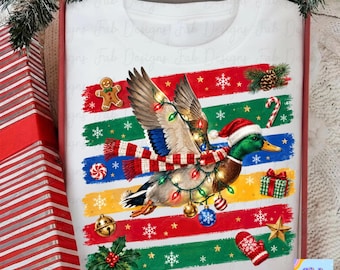 Christmas Mallard Duck PNG, Santa Hat Duck with Lights on Colorful Christmas Brushstroke Stripes, Gingerbread Candy Cane, Duck Lover Shirt