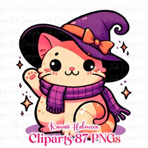 May include: A cute cartoon cat wearing a purple witch hat with an orange bow and a purple scarf. The cat is peach-colored with black eyes and is surrounded by sparkling stars. The text "Kawaii Halloween Cliparts 87 PNGs" is at the bottom.