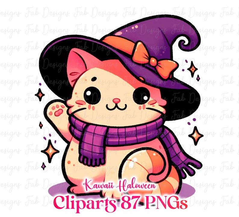 May include: A cute cartoon cat wearing a purple witch hat with an orange bow and a purple scarf. The cat is peach-colored with black eyes and is surrounded by sparkling stars. The text "Kawaii Halloween Cliparts 87 PNGs" is at the bottom.