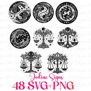 Op de afbeelding: Zwart-witte dierenriemtekenontwerpen, waaronder vissen en weegschalen, gerangschikt in cirkelvormige en sierlijke patronen. De afbeelding bevat ook de tekst "Zodiac Signs" en "48 SVG+PNG".