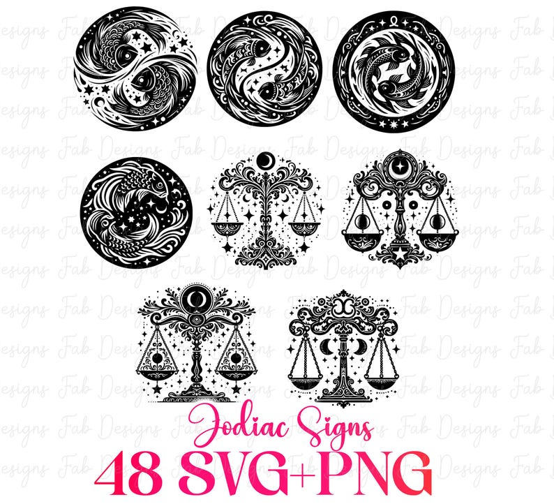 Op de afbeelding: Zwart-witte dierenriemtekenontwerpen, waaronder vissen en weegschalen, gerangschikt in cirkelvormige en sierlijke patronen. De afbeelding bevat ook de tekst "Zodiac Signs" en "48 SVG+PNG".
