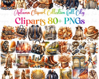 Paquete de imágenes prediseñadas de otoño: Estampado de leopardo, Chica calabaza, Ciudad otoñal (Descarga digital)